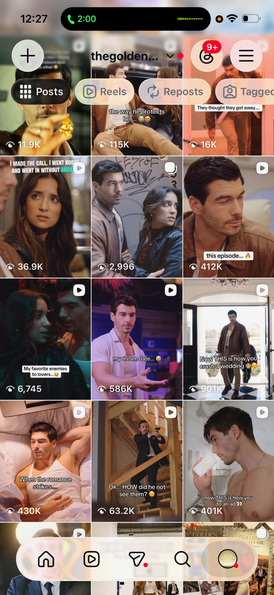 Viral clips grid — 412K, 901K, 430K views